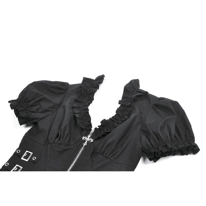 Darkinlove Women's Punk Ruffled Plunging Zipper Short Sleeve Crop Top
