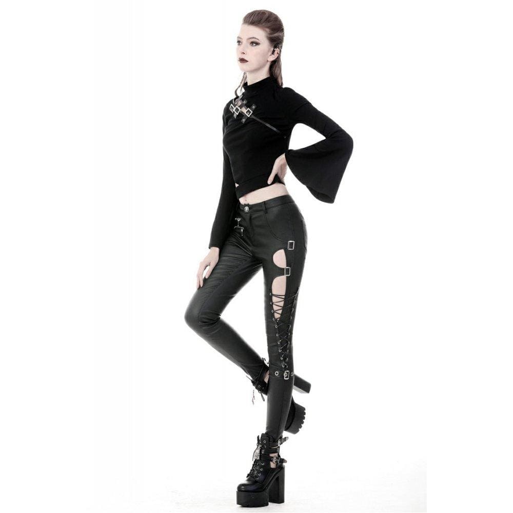 darkinlove Women's Punk Sexy Hollow Thigh Asymmetrical PU Trousers