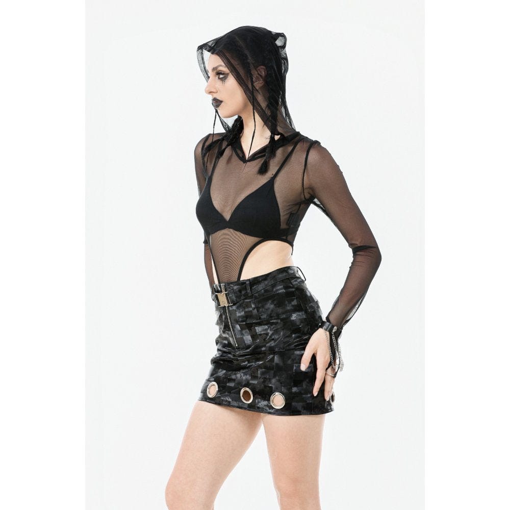 Darkinlove Women's Punk Sheer Mesh Bodysuit with Hood