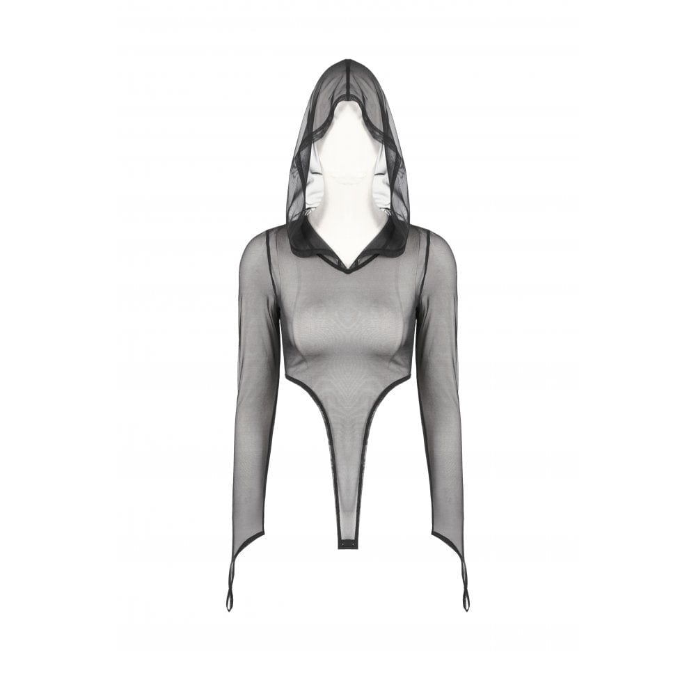 Darkinlove Women's Punk Sheer Mesh Bodysuit with Hood
