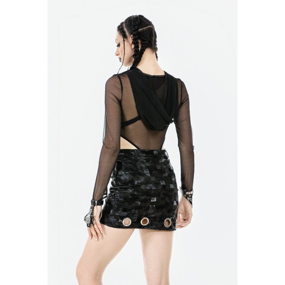 Darkinlove Women's Punk Sheer Mesh Bodysuit with Hood