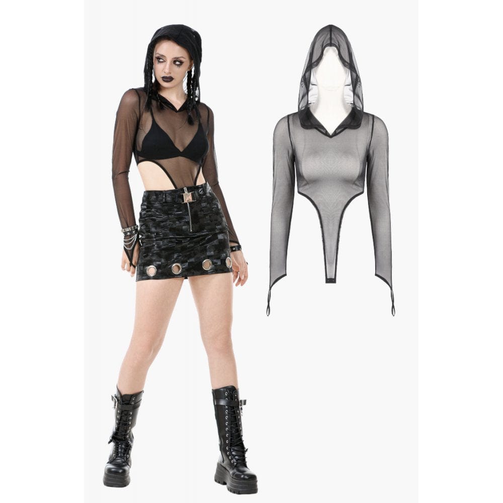 Darkinlove Women's Punk Sheer Mesh Bodysuit with Hood