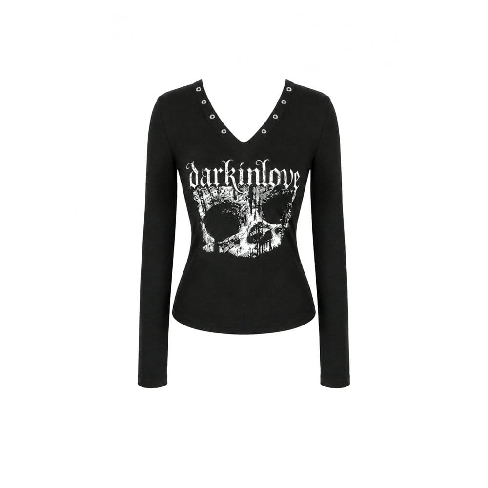 Darkinlove Women's Punk Skull Printed Eyelet V-neck Long Sleeve Top