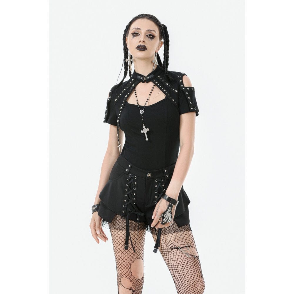 Darkinlove Women's Punk Skull Rivets Cutout Short Sleeved Shirt