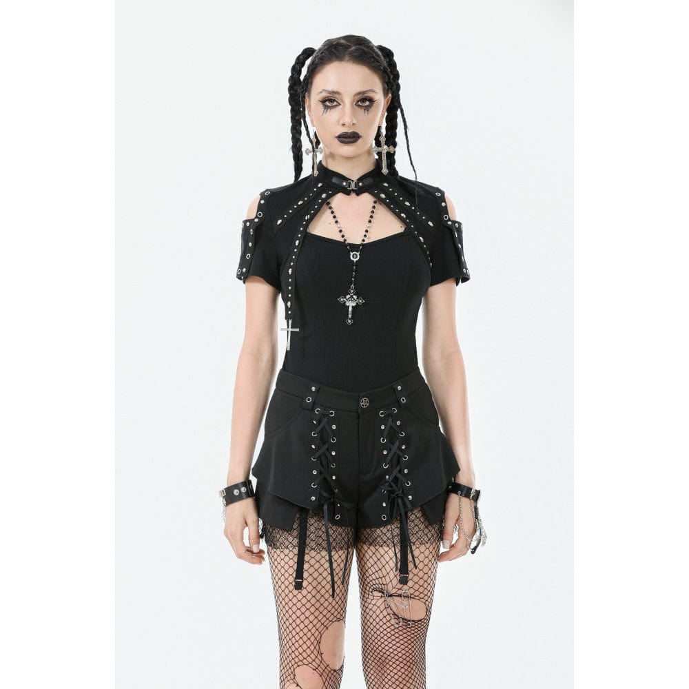 Darkinlove Women's Punk Skull Rivets Cutout Short Sleeved Shirt