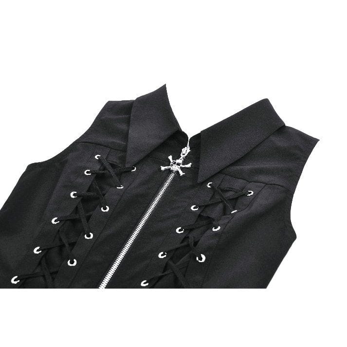 Darkinlove Women's Punk Skull Zip Turn-down Collar Sleeveless Dress
