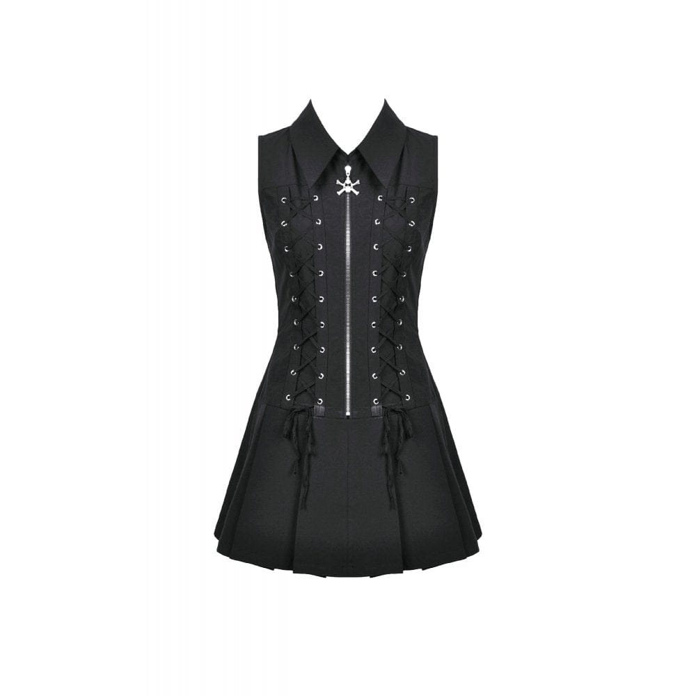Darkinlove Women's Punk Skull Zip Turn-down Collar Sleeveless Dress
