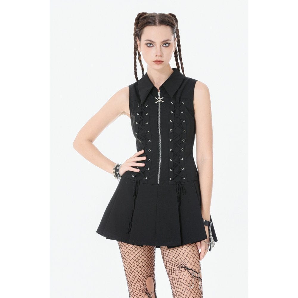 Darkinlove Women's Punk Skull Zip Turn-down Collar Sleeveless Dress
