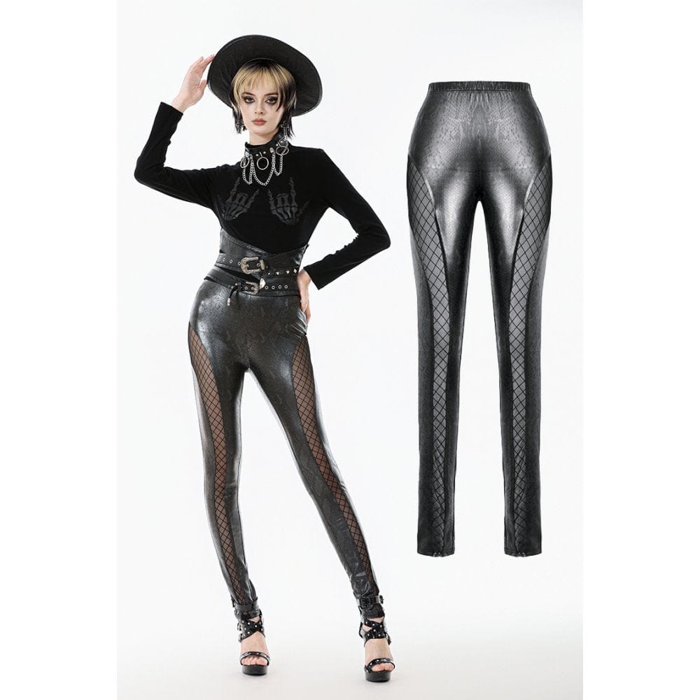 Darkinlove Women's Punk Snakeskin Diamond-textured Mesh Splice Pants