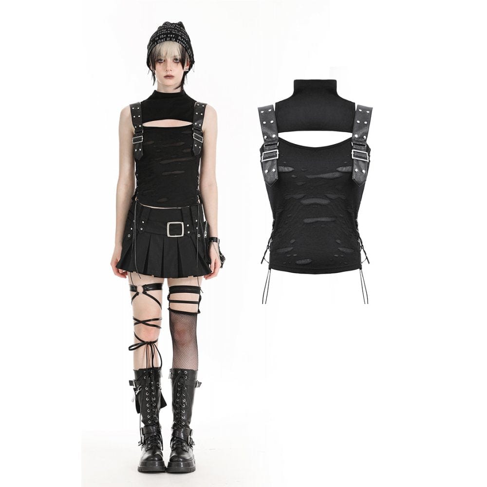 Darkinlove Women's Punk Stand Collar Ripped Vest