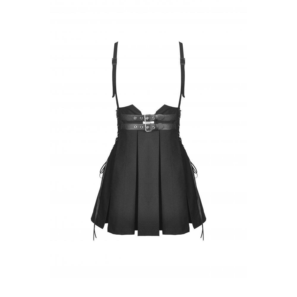 Darkinlove Women's Punk Strappy Buckle Pleated Suspender Skirt