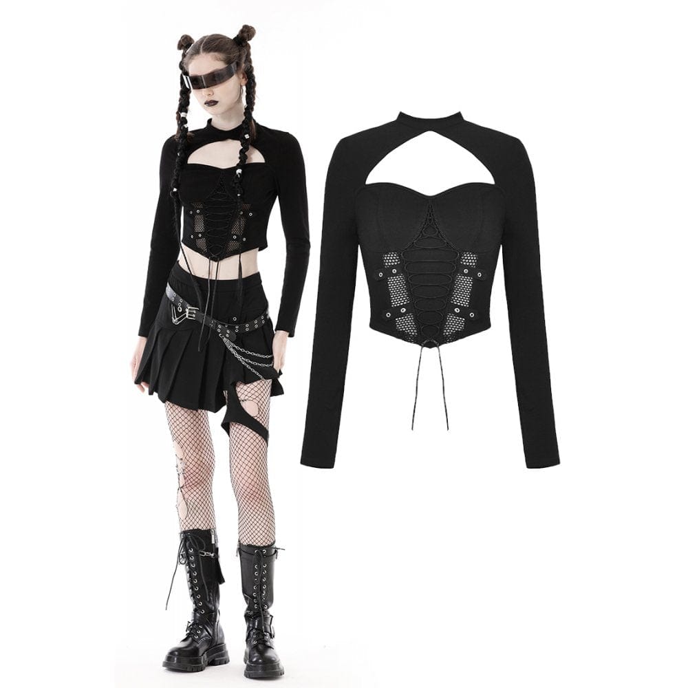 Punk Hollow-Out Leather Crop Top with Strap Detailing