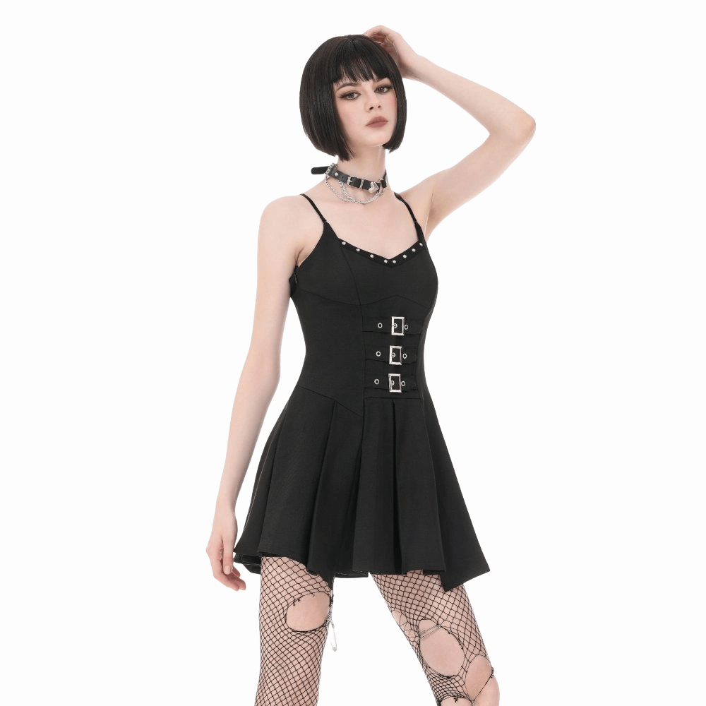 Darkinlove Women's Punk Studded Buckle Straps Pleated Slip Dress