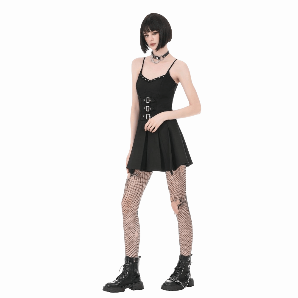 Darkinlove Women's Punk Studded Buckle Straps Pleated Slip Dress