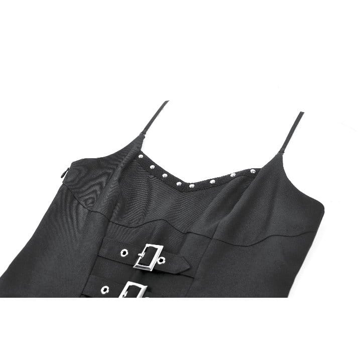 Darkinlove Women's Punk Studded Buckle Straps Pleated Slip Dress