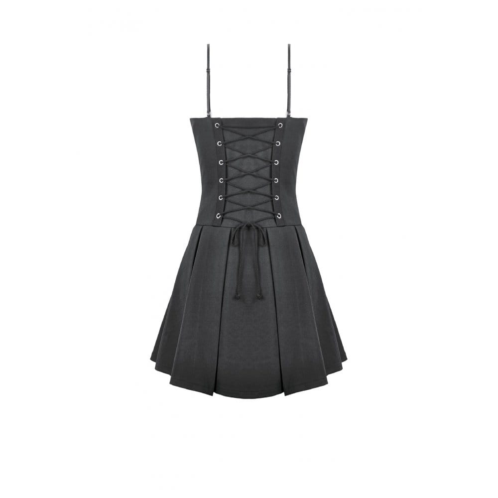 Darkinlove Women's Punk Studded Buckle Straps Pleated Slip Dress