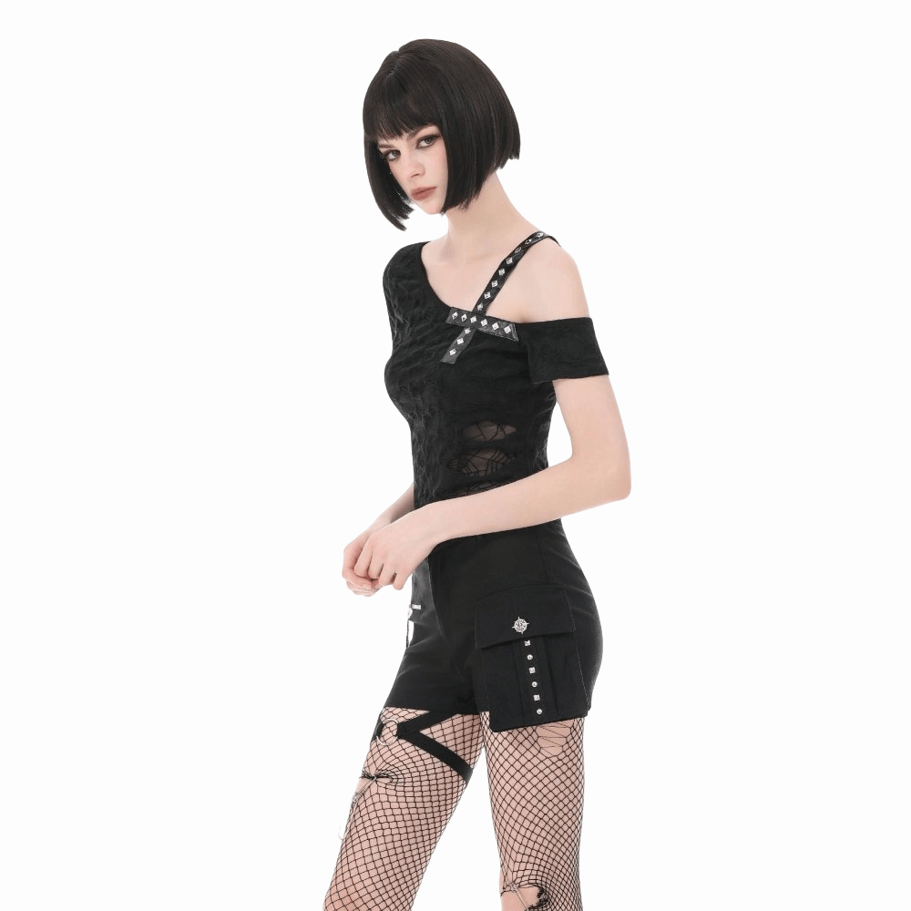 Darkinlove Women's Punk Studded Cross Straps Asymmetric Short Sleeve Top