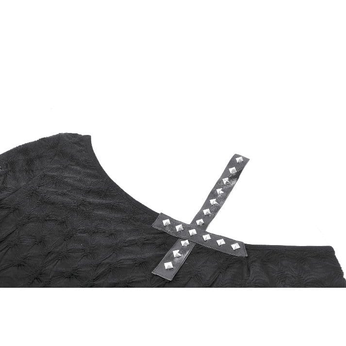 Darkinlove Women's Punk Studded Cross Straps Asymmetric Short Sleeve Top
