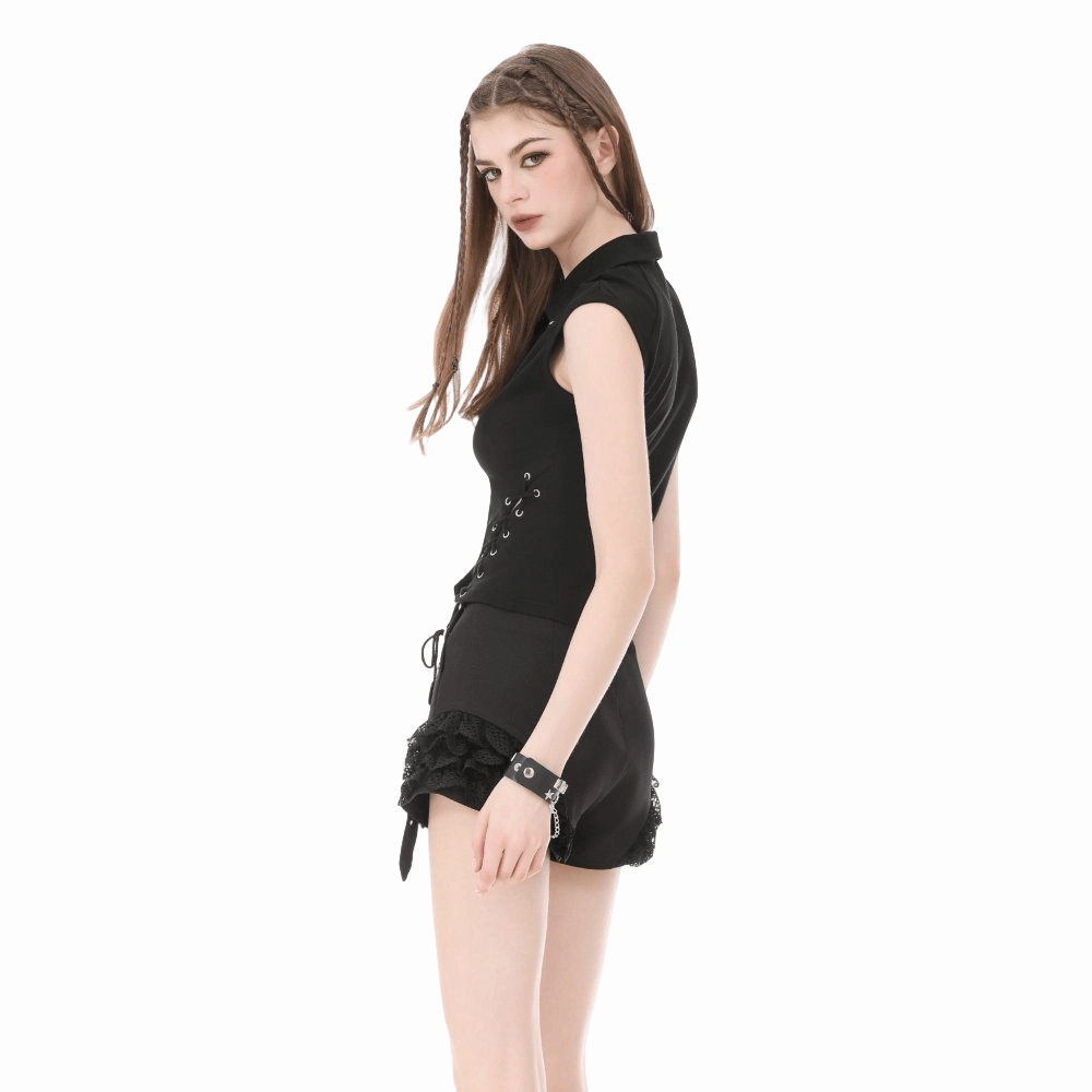Darkinlove Women's Punk Studded Lace-up Turn-down Collar Sleeveless Top