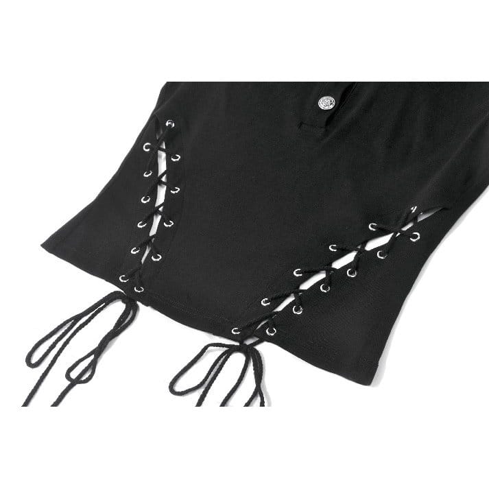 Darkinlove Women's Punk Studded Lace-up Turn-down Collar Sleeveless Top