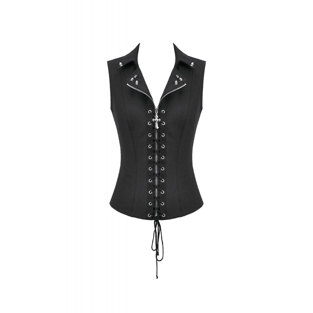 Darkinlove Women's Punk Studded Lace-up Zip Turn-down Collar Vest
