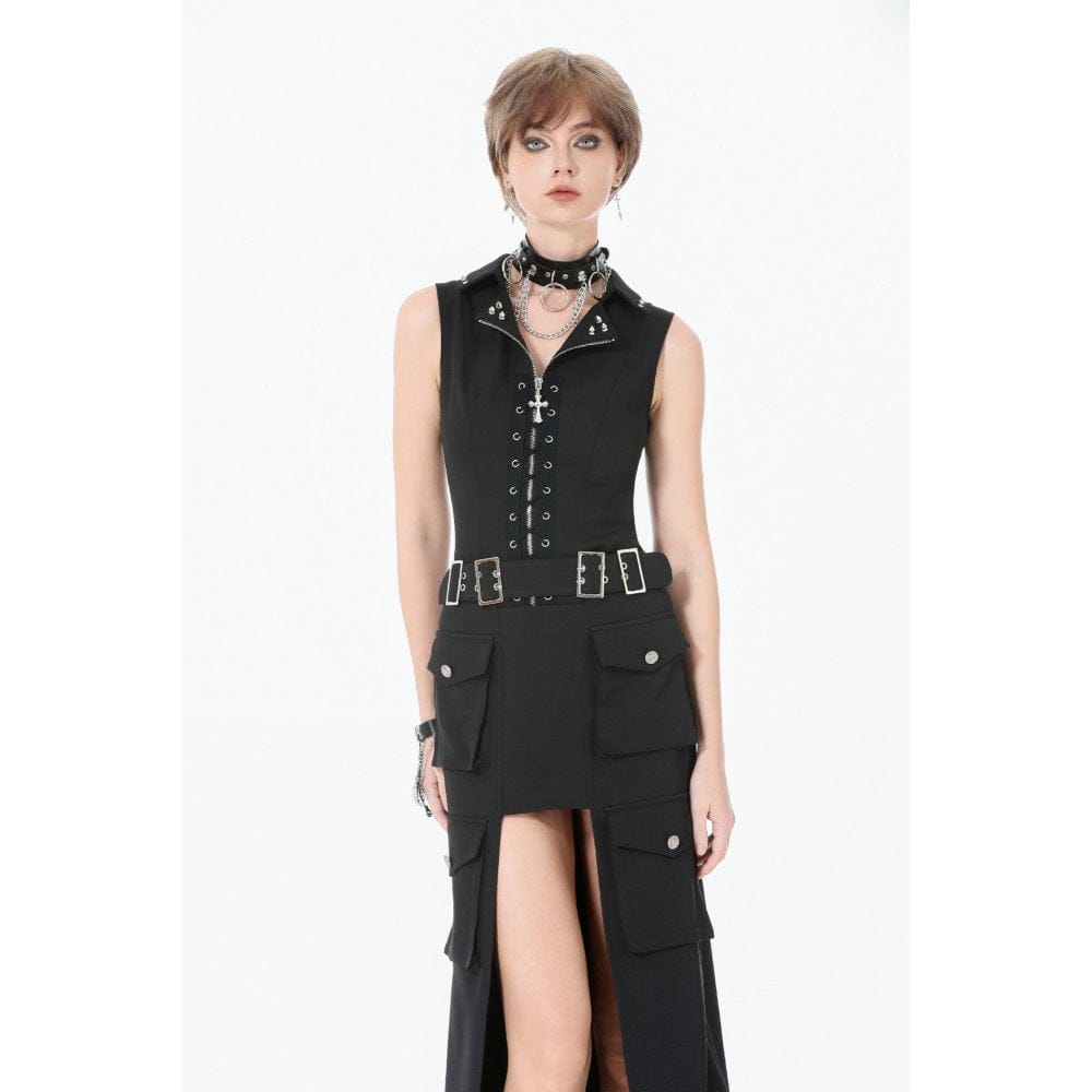 Darkinlove Women's Punk Studded Lace-up Zip Turn-down Collar Vest