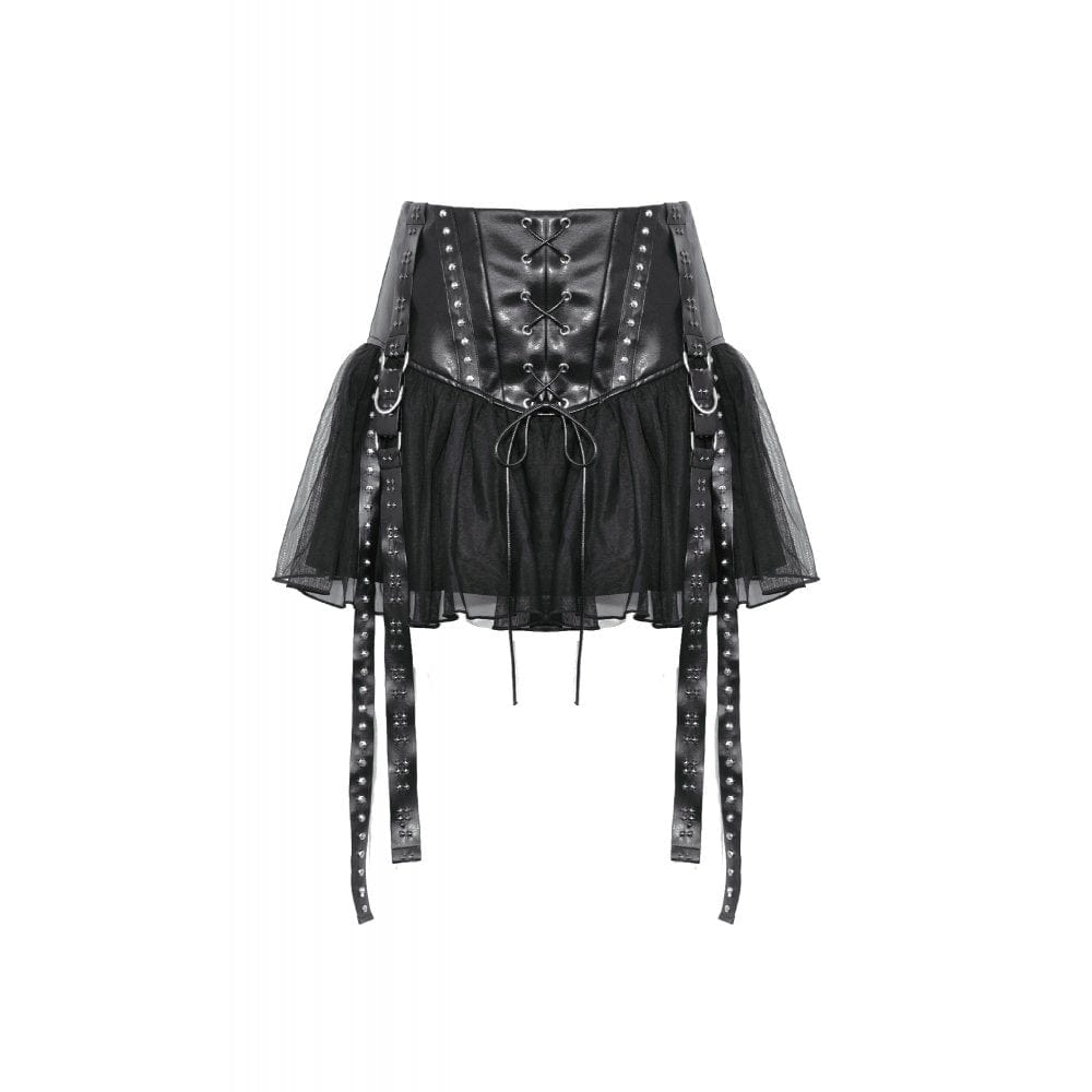 Darkinlove Women's Punk Studded Mesh Faux Leather Skirt