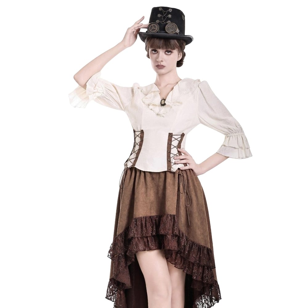 Darkinlove Women's Steampunk Lace-up Ruffle V-neck 3/4 Sleeve Blouse