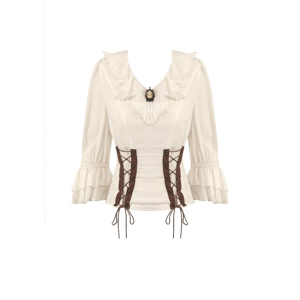 Darkinlove Women's Steampunk Lace-up Ruffle V-neck 3/4 Sleeve Blouse