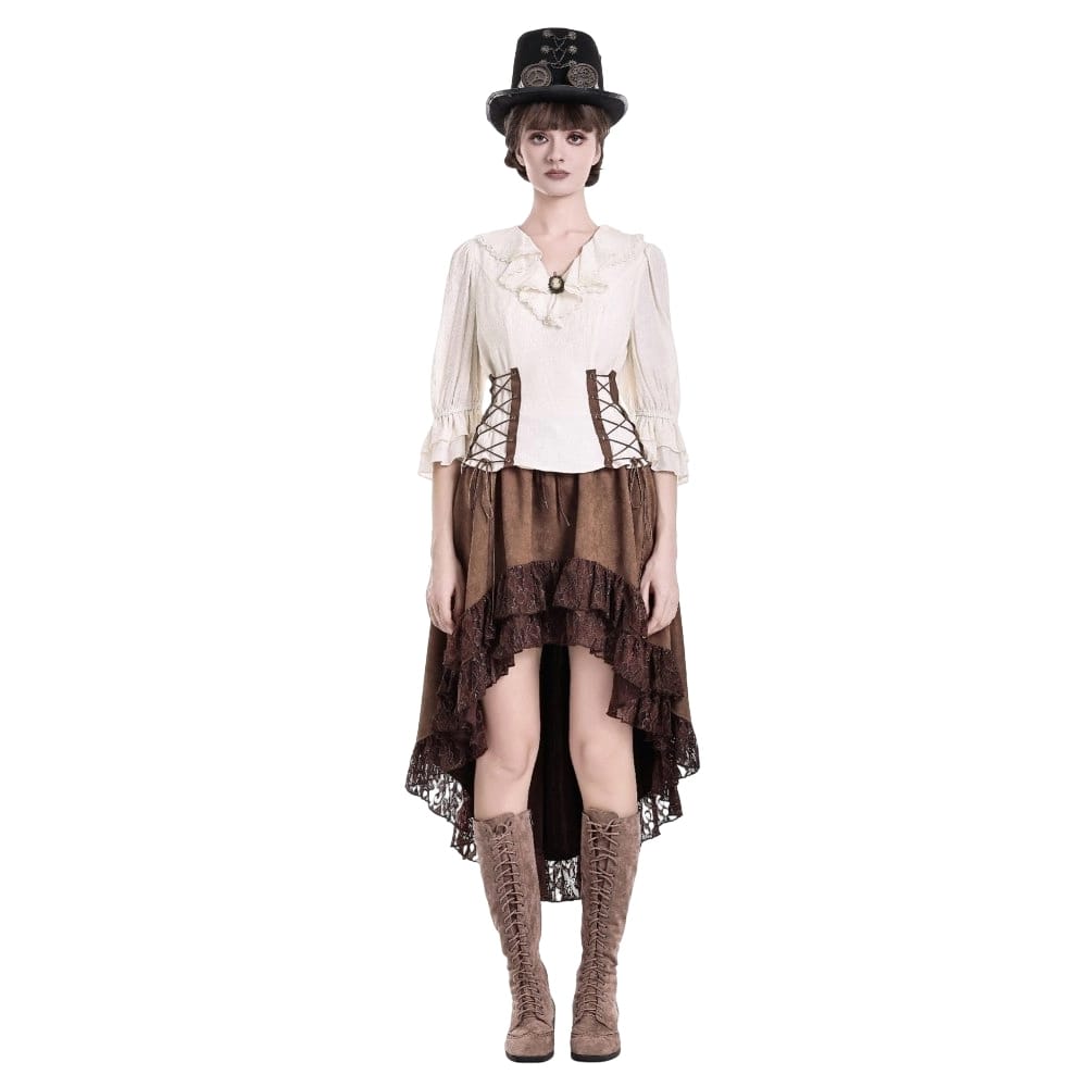 Darkinlove Women's Steampunk Lace-up Ruffle V-neck 3/4 Sleeve Blouse