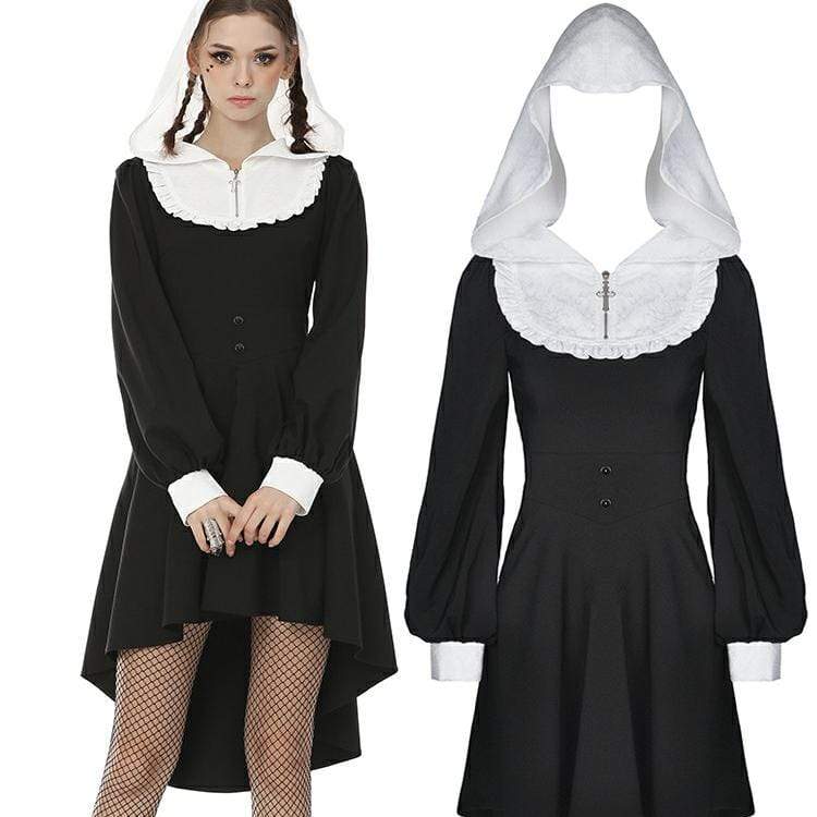 Darkinlove Women's Vintage Gothic High/Low Front Zip Maid Dress with Hood