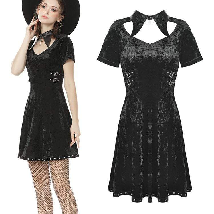 Darkinlove Women's Vintage Gothic Love Heart Cutout Black Velet Dresses