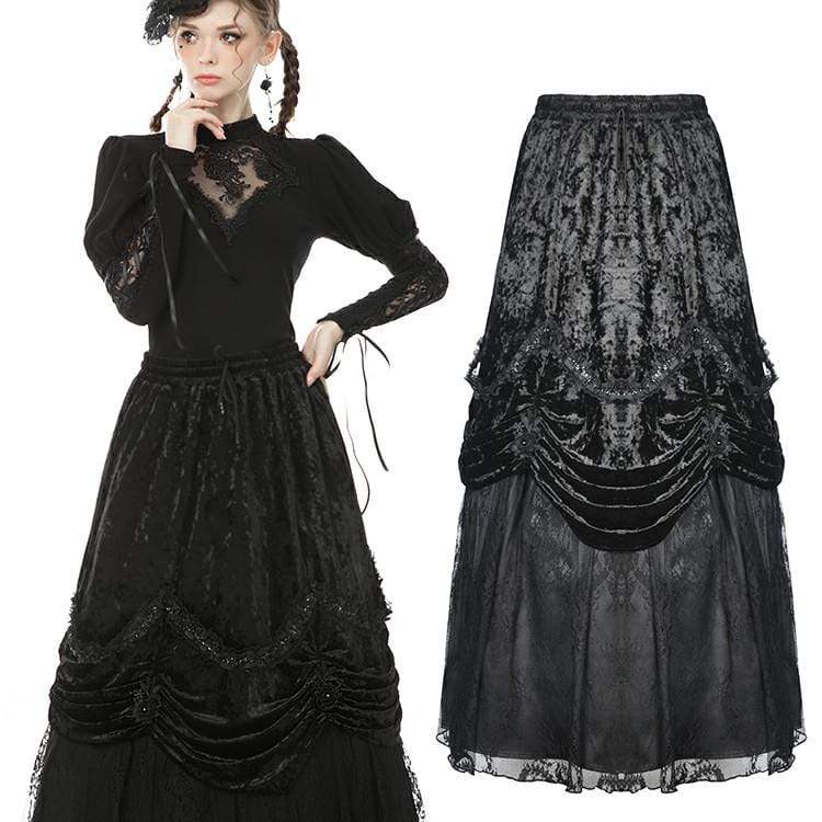 Darkinlove Women's Vintage Gothic Multi-layer Velet Maxi Skirts