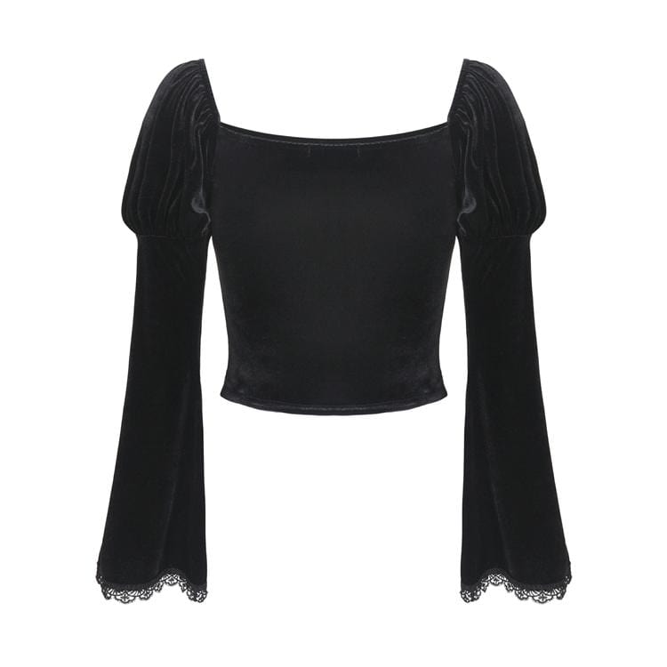 Darkinlove Women's Vintage Gothic Square Collar Puff Sleeved Velet Tops