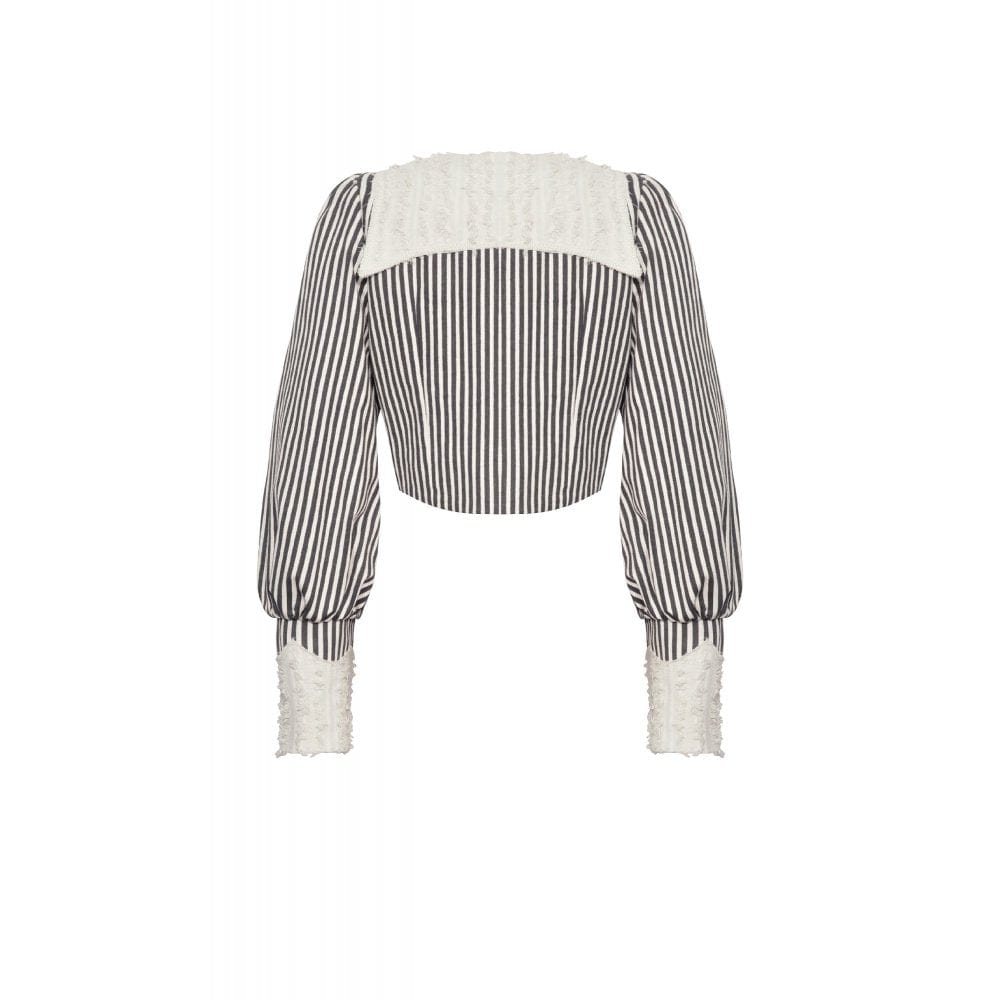 Darkinlove Women's Vintage Puff Sleeved Striped Short Shirt