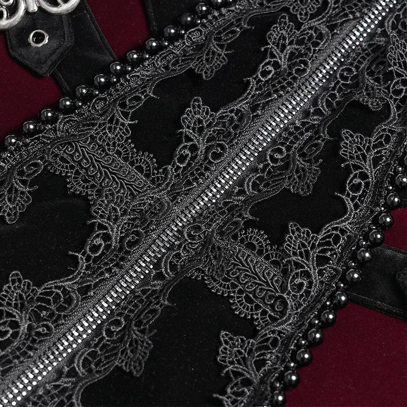 DEVIL FASHION Men's Gothic Beaded Trim Buckle Strap Zip Jacket Black