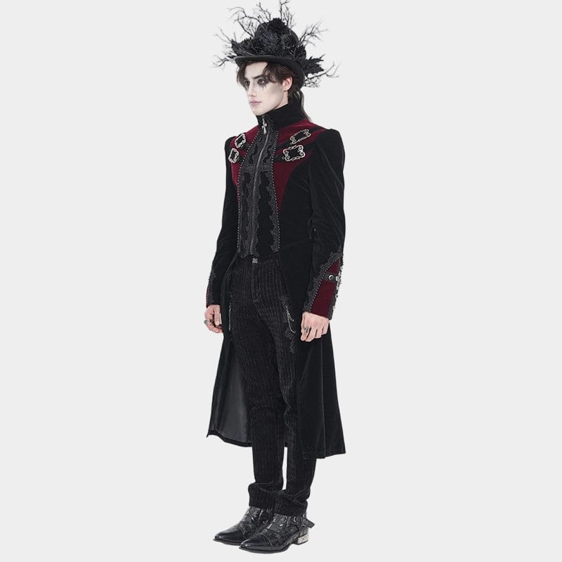 DEVIL FASHION Men's Gothic Beaded Trim Buckle Strap Zip Jacket Black