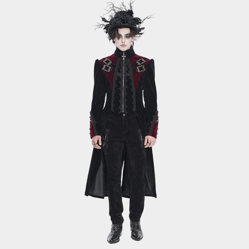 DEVIL FASHION Men's Gothic Beaded Trim Buckle Strap Zip Jacket Black