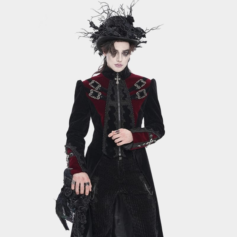 DEVIL FASHION Men's Gothic Beaded Trim Buckle Strap Zip Jacket Black