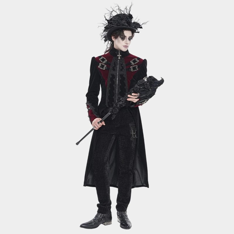 DEVIL FASHION Men's Gothic Beaded Trim Buckle Strap Zip Jacket Black