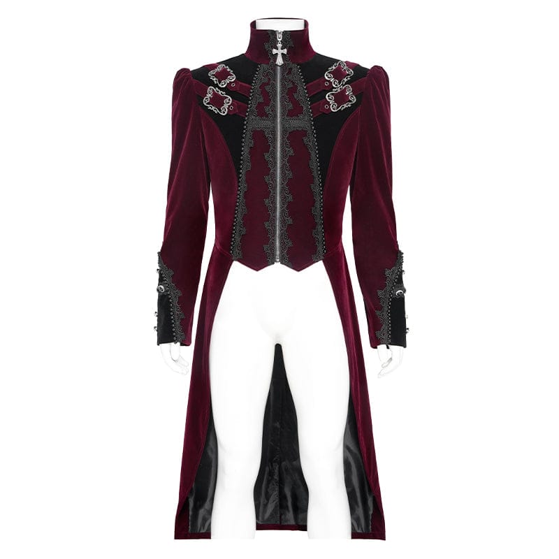 DEVIL FASHION Men's Gothic Beaded Trim Buckle Strap Zip Jacket Red