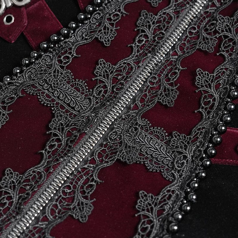 DEVIL FASHION Men's Gothic Beaded Trim Buckle Strap Zip Jacket Red