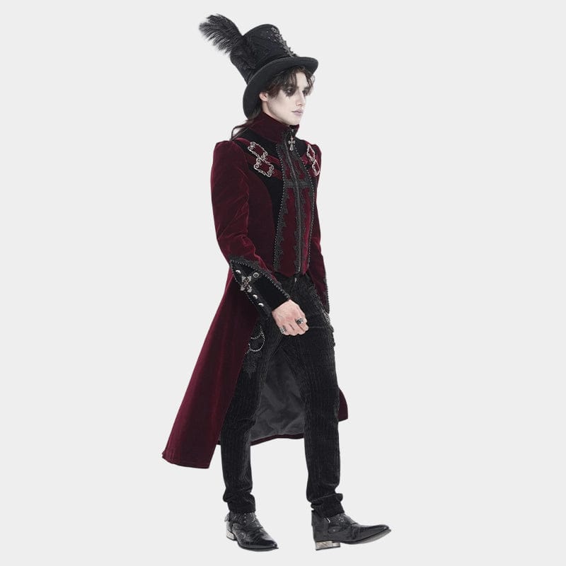 DEVIL FASHION Men's Gothic Beaded Trim Buckle Strap Zip Jacket Red