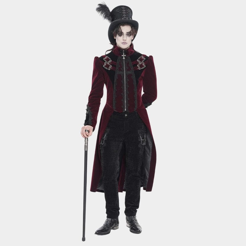 DEVIL FASHION Men's Gothic Beaded Trim Buckle Strap Zip Jacket Red