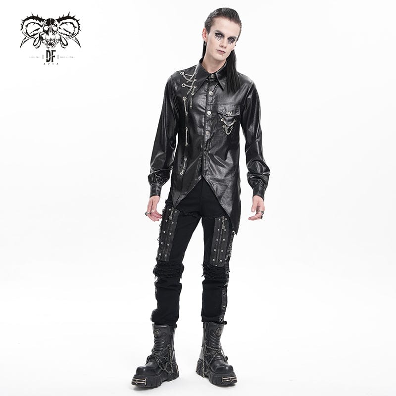 DEVIL FASHION Men's Gothic Chain Eyelets Skull Shirt