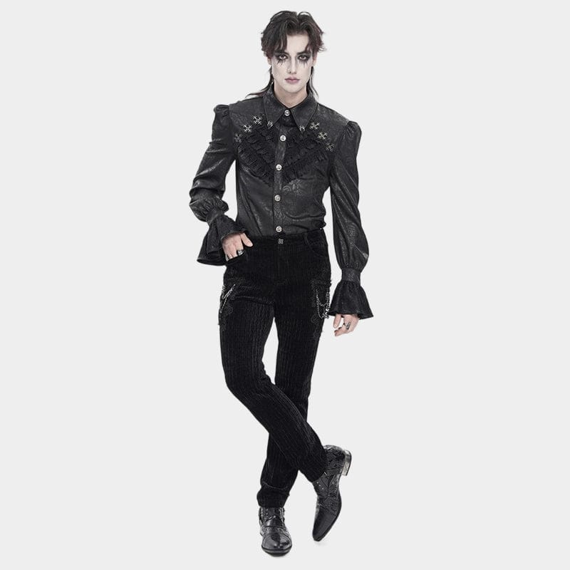 DEVIL FASHION Men's Gothic Cross Spider Turn-down Collar Bishop Sleeved Shirt Black