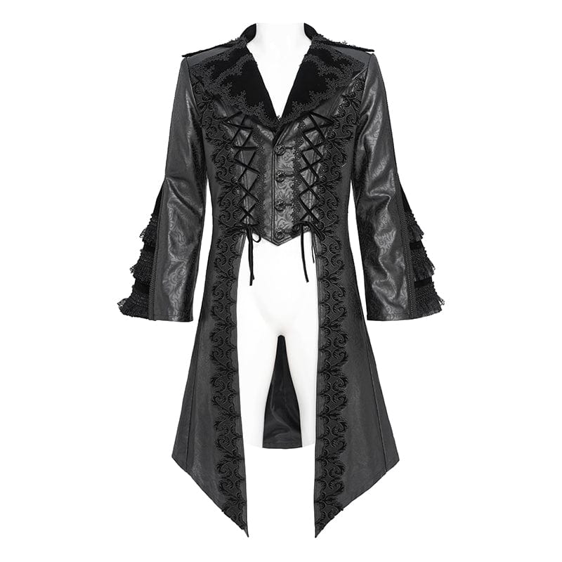 DEVIL FASHION Men's Gothic Floral Crochet Lace-up Bell Sleeved Coat
