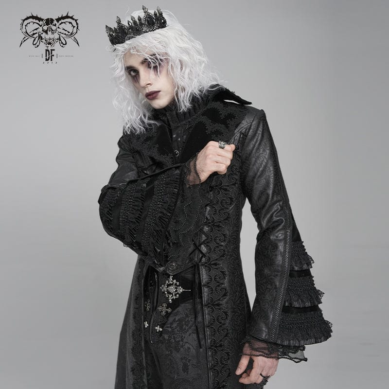 DEVIL FASHION Men's Gothic Floral Crochet Lace-up Bell Sleeved Coat