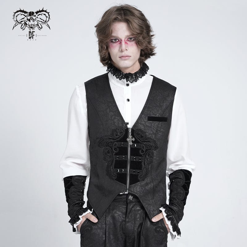 DEVIL FASHION Men's Gothic Floral Embroidered Velvet Splice Waistcoat