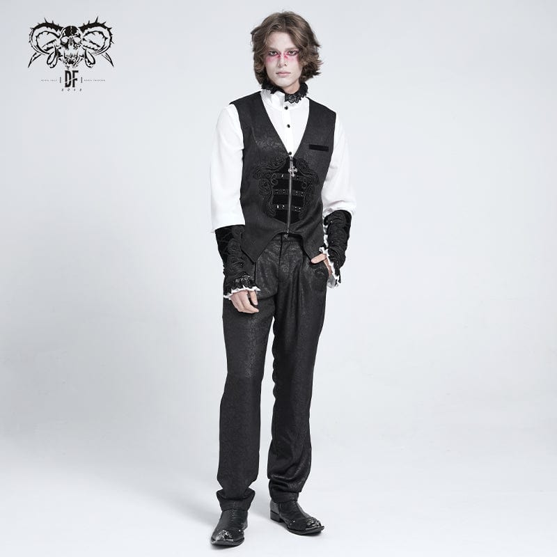 DEVIL FASHION Men's Gothic Floral Embroidered Velvet Splice Waistcoat